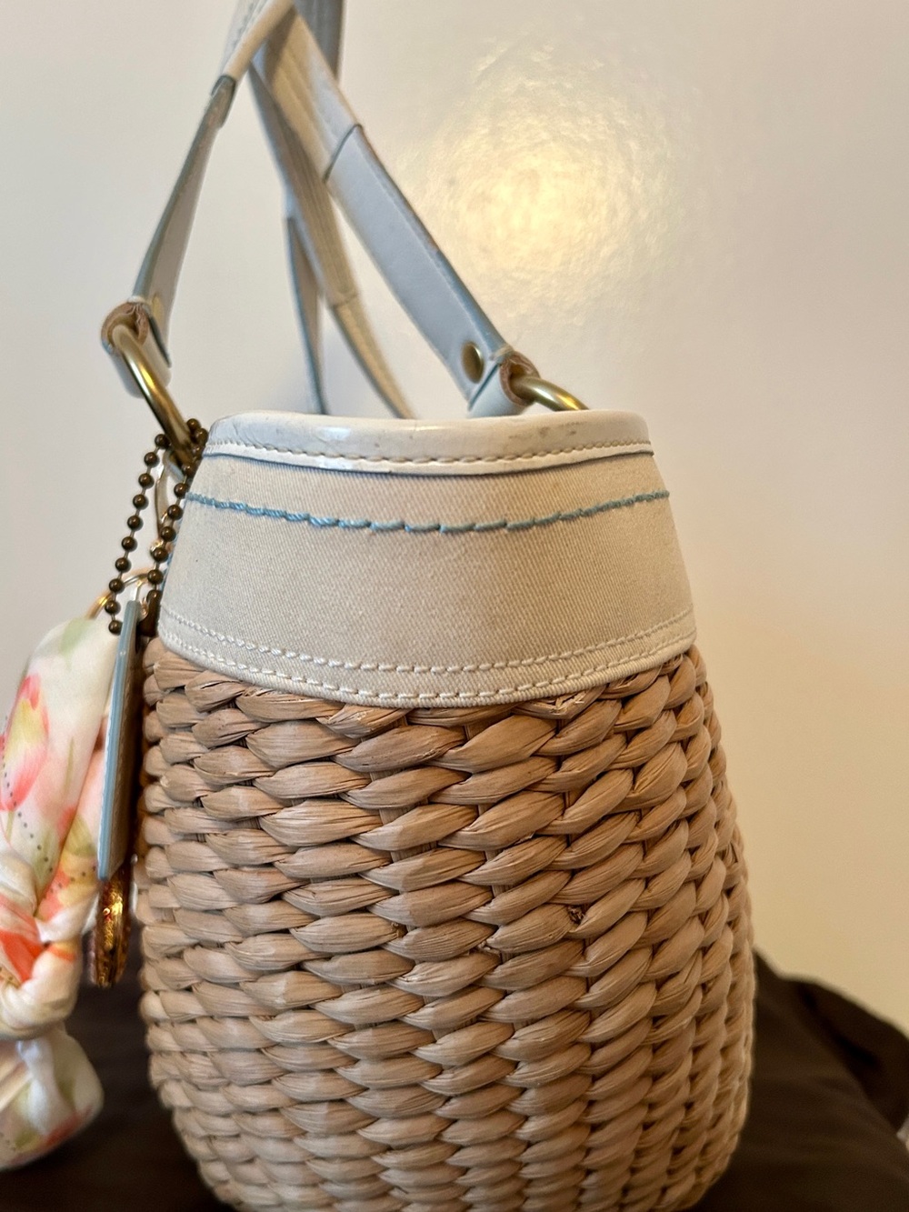 Coach Y2K wicker tote, with white trim and aqua blue stitch-ing. Purse Charm - Picture 6 of 10